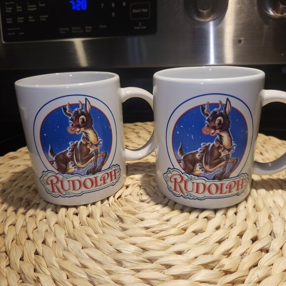1993 Rudolph The Red-Nosed Reindeer Ceramic Mugs Set Of 2 Made in USA - Picture 2 of 3